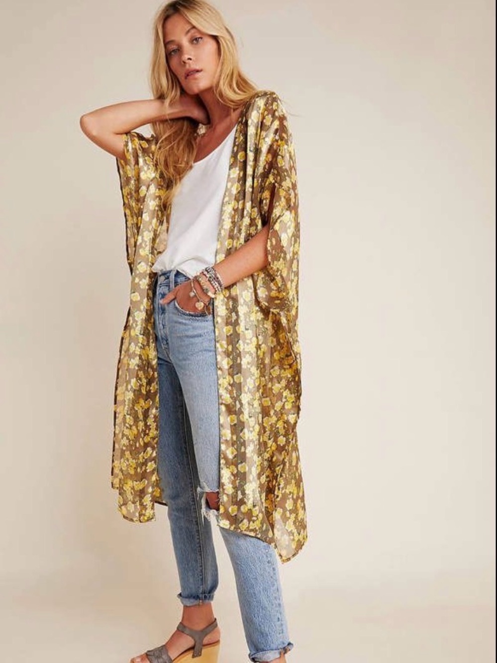 Anthropologie Andersen & Lauth One Size Sheer Isolde Gold Floral Kimono Cover-Up